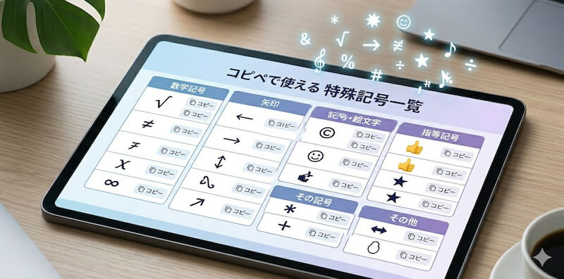 木の机の上の大型タブレットに表示された、コピペで使える便利な特殊記号（数学記号、矢印、絵文字など）のデジタル一覧表。