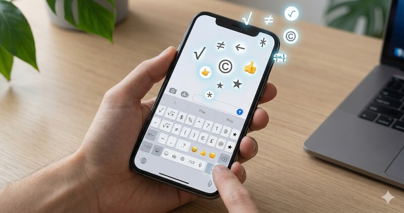 特殊記号や絵文字の入力画面を表示しているスマートフォンのクローズアップと、画面から浮かび上がる輝く記号のエフェクト。