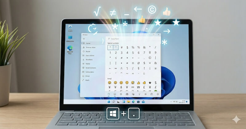 Windows 11ラップトップの画面に表示された絵文字パネル（Windowsキー + . ショートカット）と、そこから浮かび上がる様々な特殊記号。