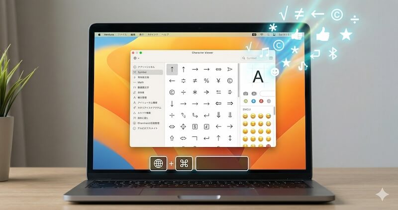 MacBook Proの画面に表示された文字ビューア（🌐またはControl+Command+Spaceショートカット）と、そこから浮かび上がる様々な特殊記号。