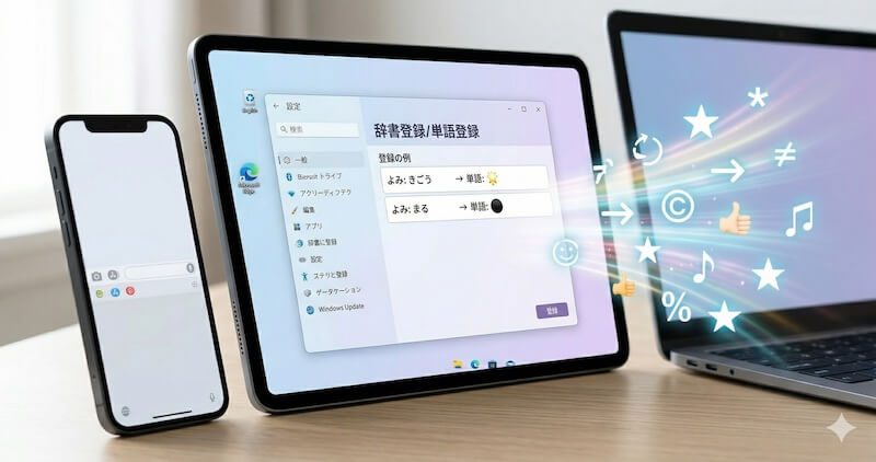 複数のデバイスを背景に浮かぶ「辞書登録」の設定画面と、そこから高速で飛び出す様々な登録済み記号のエフェクト。