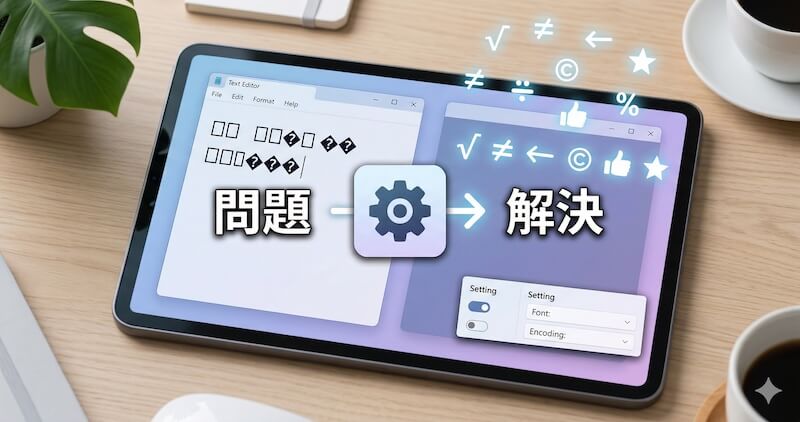 タブレット画面が左側の文字化け表示（□、�）から中央の設定アイコンを経て右側の正しい特殊記号表示へと修正される様子。