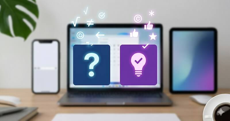 複数のデバイスを背景に、浮かぶクエスチョンマーク（Q）と電球＆チェックマーク（A）のカード、そしてそこから浮かび上がる特殊記号。